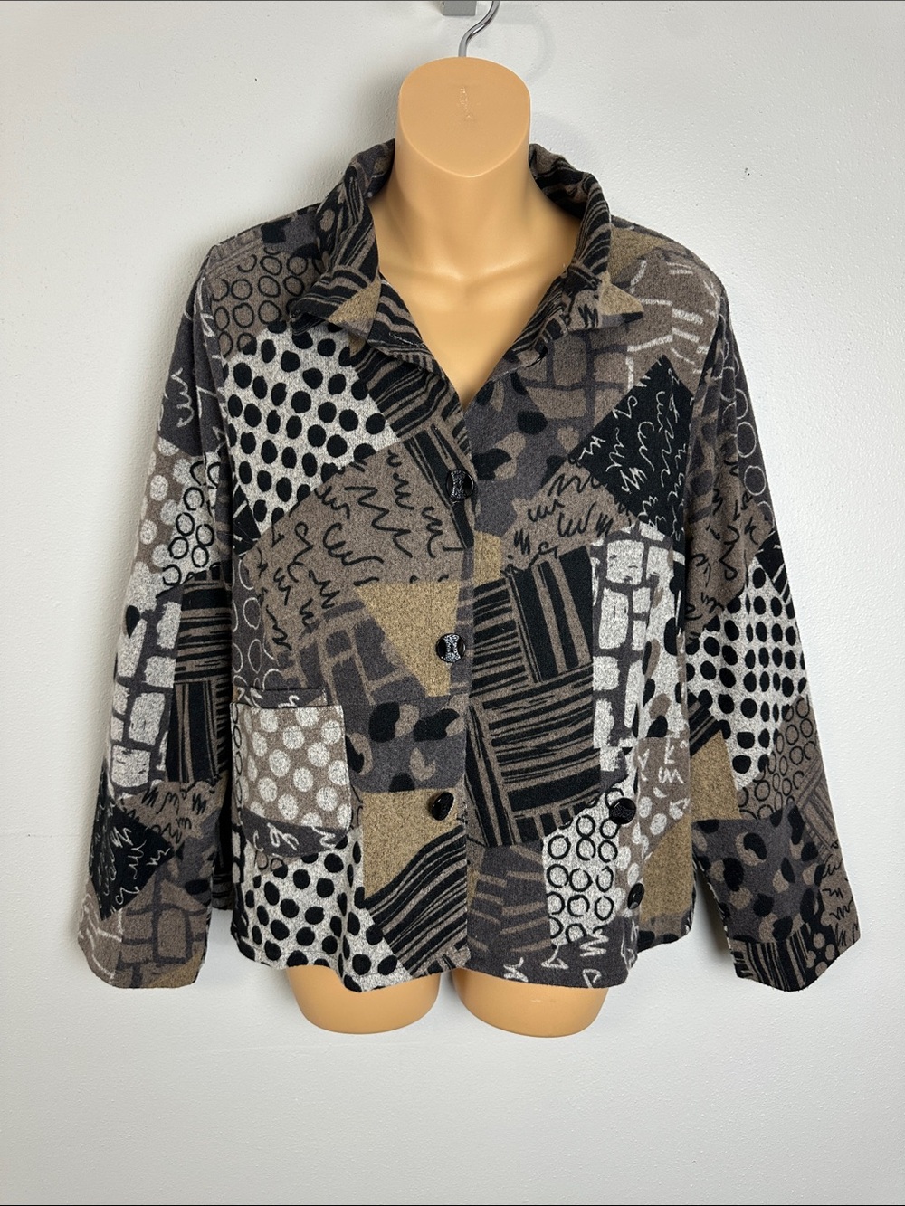Trisha Tyler Neutral Patchwork “Art to Wear” Wire Collar Button Front Jacket